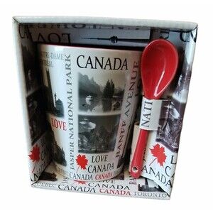 Canada Souvenir Mug & Spoon Toronto Quebec Love Red Maple Leaf Banff Avenue